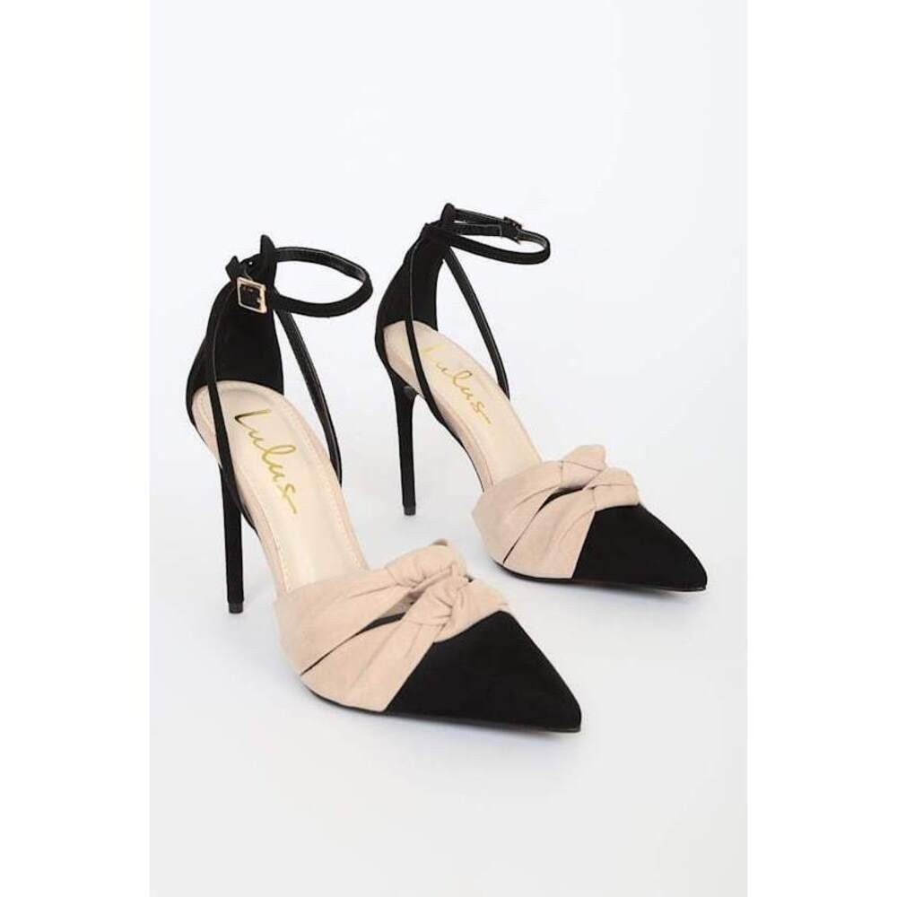 Lulus Santina Black And Light Nude Pointed-toe Ankle Strap Pumps - Size 5.5